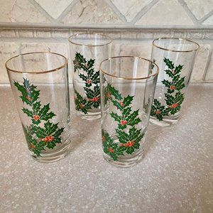 Gold Trim Holly and Berries 5.5" Glass Tumbler 12oz Holiday Drinkware Set of 4
